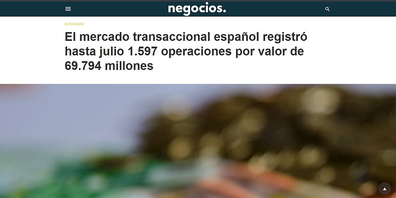 El mercado transaccional espaol registr hasta julio 1.597 operaciones por valor de 69.794 millones